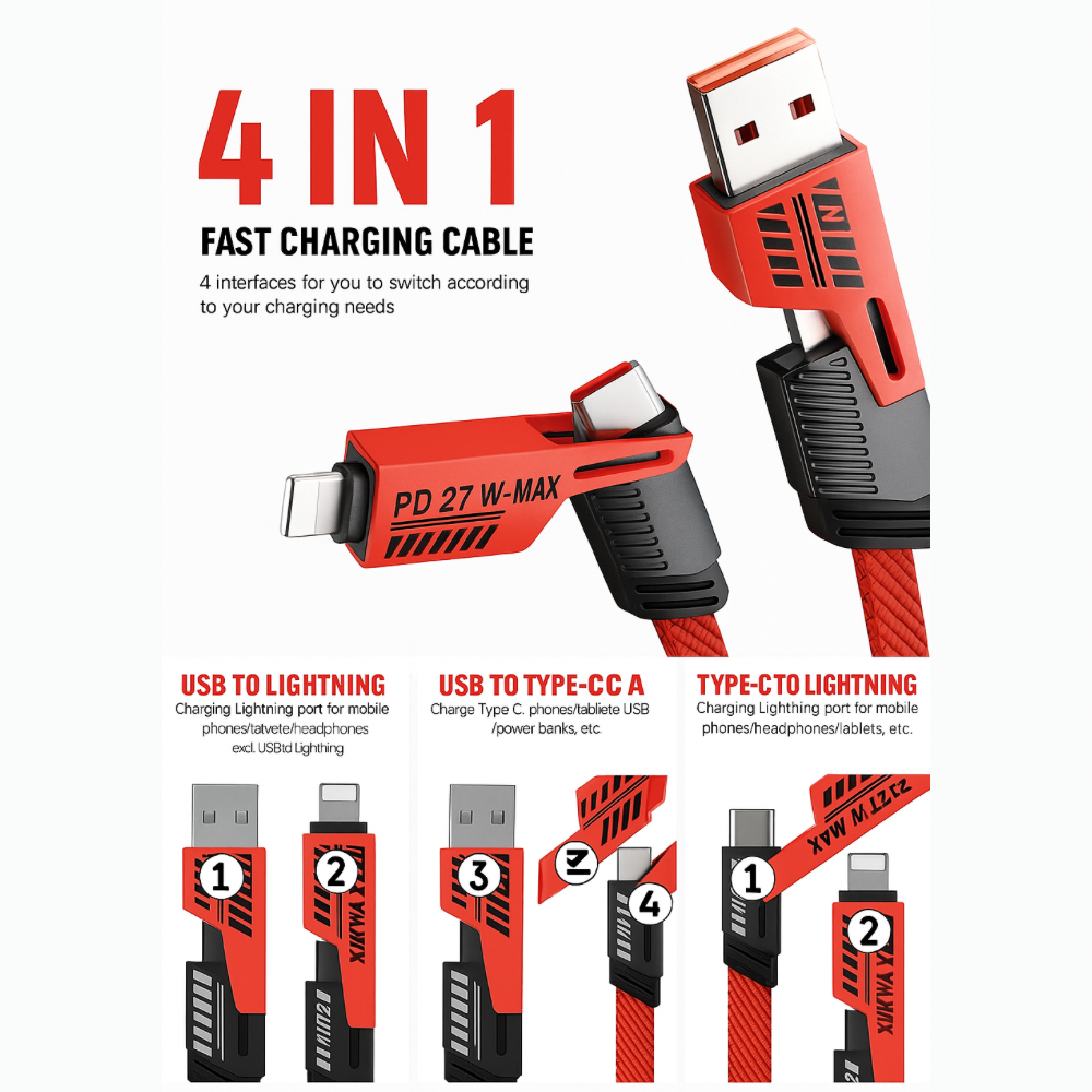 Peladus 4 in 1 Universal USB C Fast Charging Cable Red
