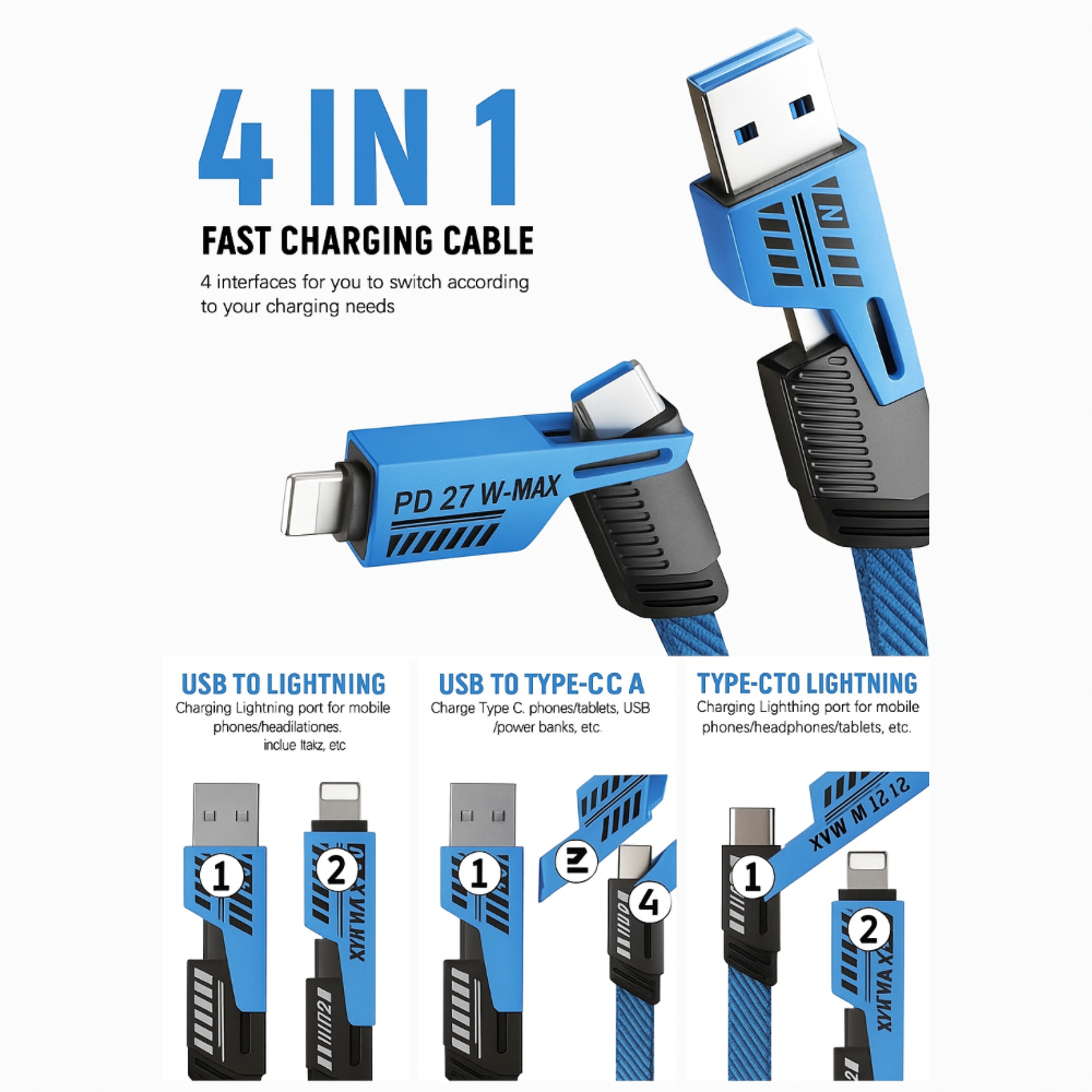 Peladus 4 in 1 Universal USB C Fast Charging Cable Blue