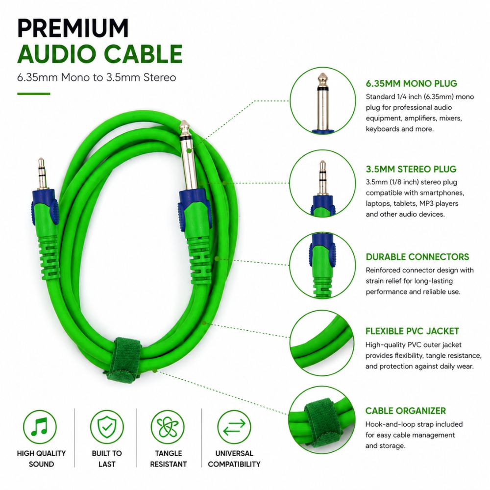 6.35mm male jack to 3.5mm male jack Mono to Stereo Audio Cable