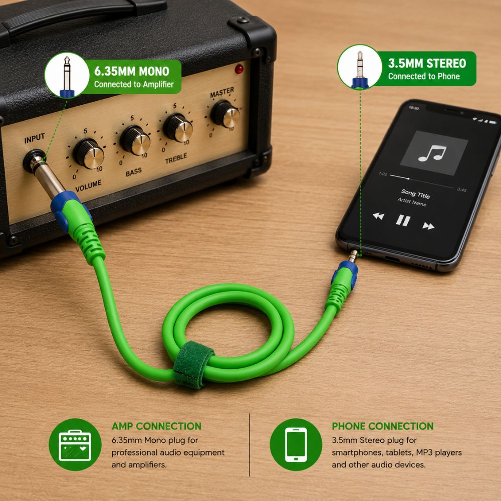 6.35mm male jack to 3.5mm male jack Mono to Stereo Audio Cable