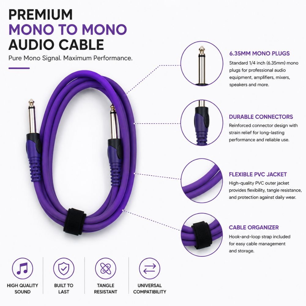 6.35mm male jack to 6.35mm male jack Mono to Mono Audio Cable