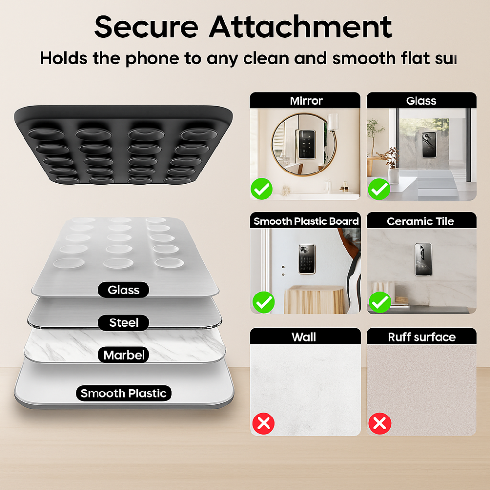 Strong Suction Phone Holder Silicone Case Cover - Works on Glass, Mirrors, Tiles & Smooth Surfaces (Pack of 3)