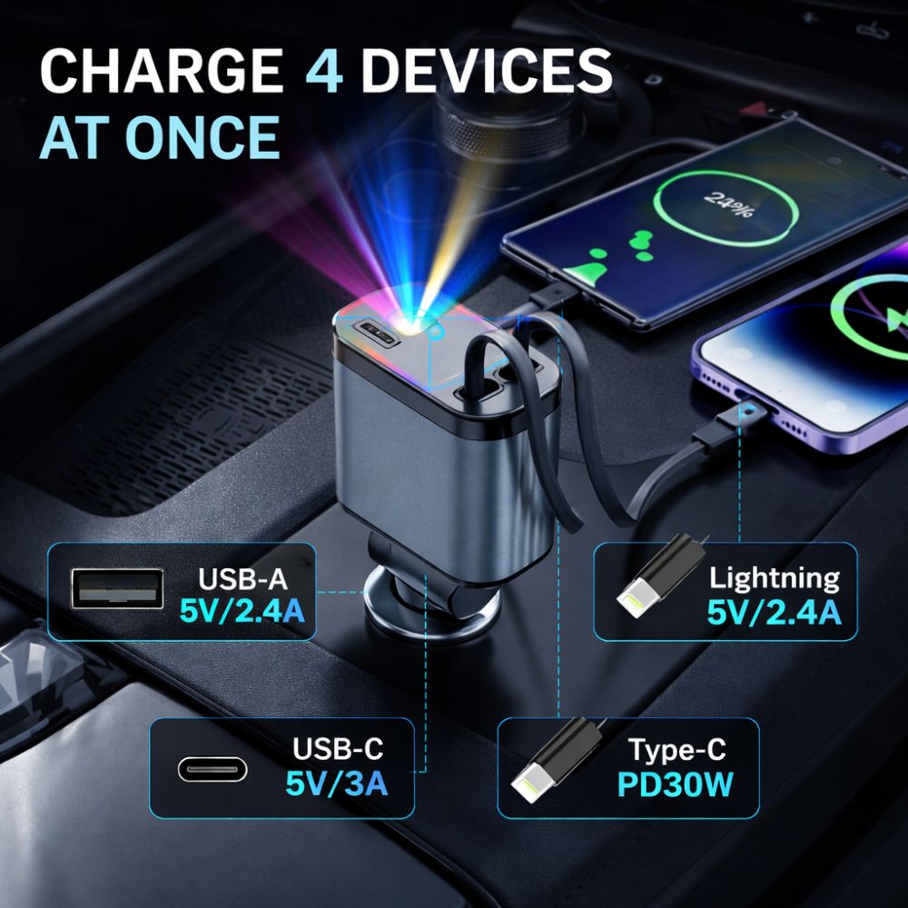 4 in 1 Retractable Car Chargers with Starlight