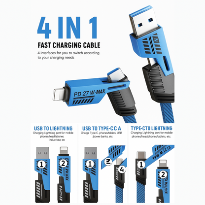 Peladus 4 in 1 Universal USB C Fast Charging Cable Blue